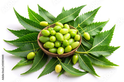 Fresh Neem Leaves and Fruits – Lush Green Foliage with Oval, Ripened Neem Berries on a White Background