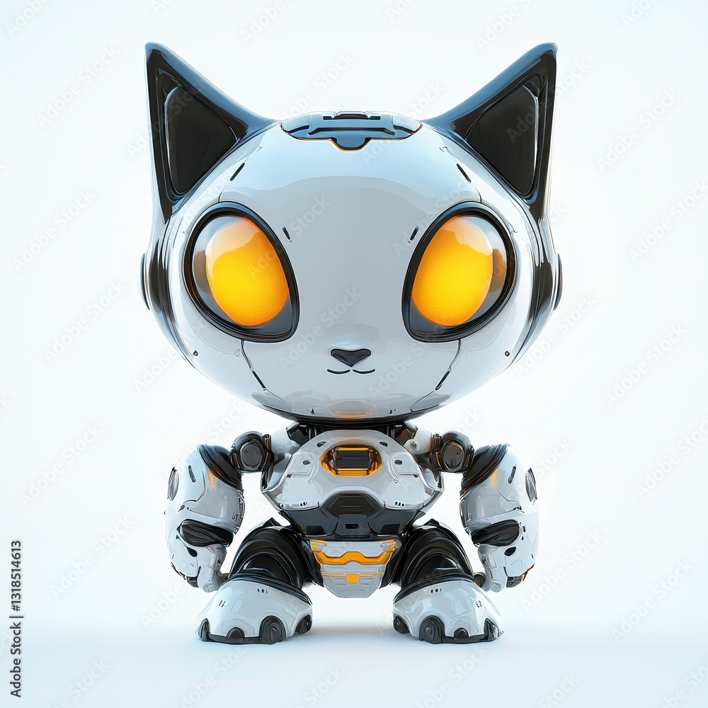Tiny robot cat with glowing eyes, isolated on clear white background Tiny robot cat with glowing eyes, isolated on clear white background