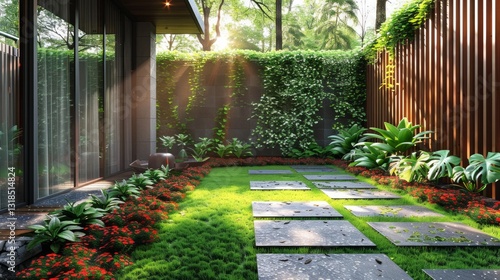 Minimalistic Garden with Simple Wooden Fence and Low-Growing Groundcover