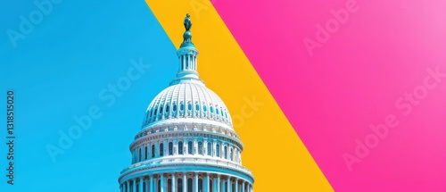 Colorful abstract design featuring a prominent dome topped with a statue.