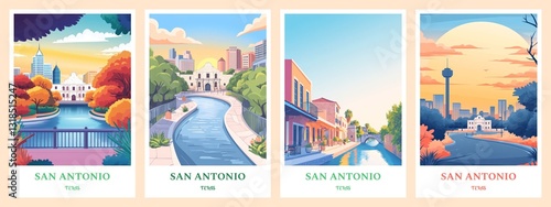 Set of 4 San Antonio, Texas Flat illustration posters 2:3, travel print, wall digital art, citycapes, Home decor gift