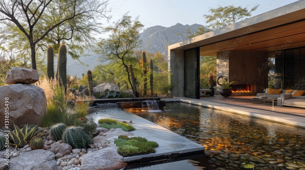 Minimalistic Garden with Sleek Concrete Water Feature and Single Sculptural Cactus