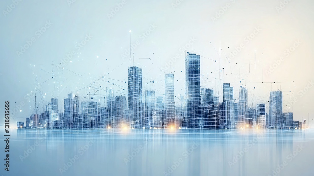 Fototapeta premium Abstract depiction of a modern city skyline with connected digital networks and reflective surface