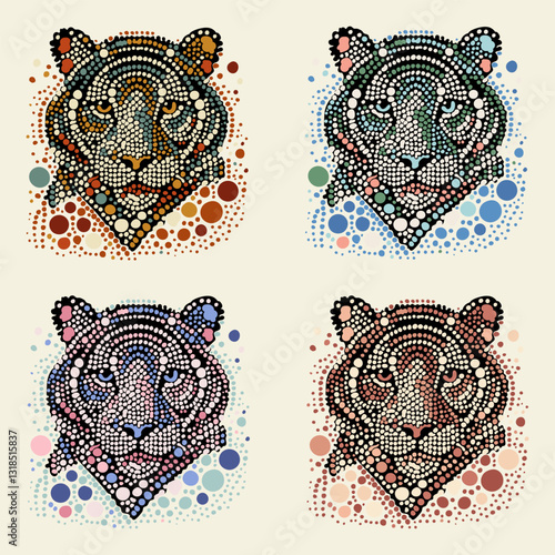 Set of 4 illustrations mosaic tiger's face painted from dots on a light background