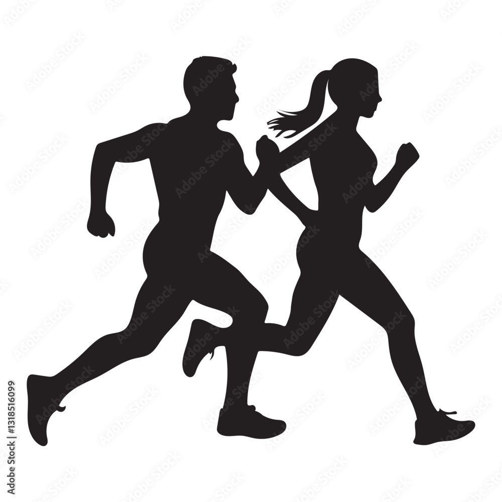 Obraz premium Running Silhouette Vector – Man and Woman Jogging Illustration
