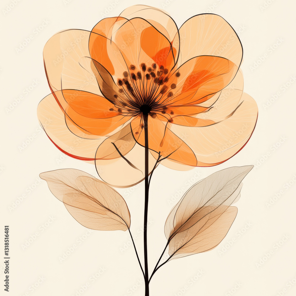 Fototapeta premium The image is a digital illustration of a flower with a minimalist and modern design. The flower has five large, semi-transparent petals that overlap each other. 