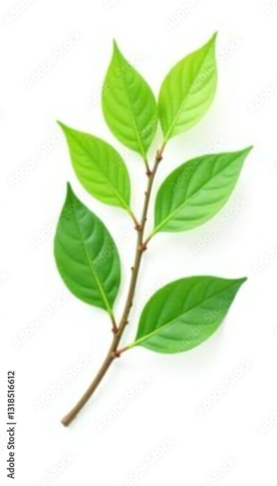 Fototapeta premium single branch with leaves and twigs isolated on white, simple, greenery, foliage
