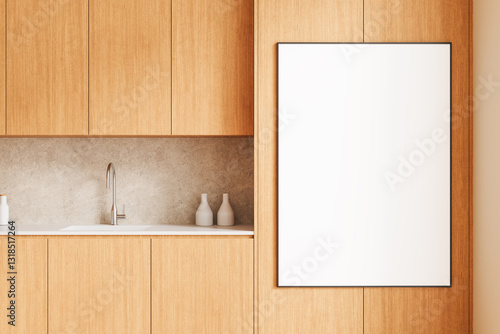 Modern kitchen interior with blank poster on wooden wall. 3D Rendering