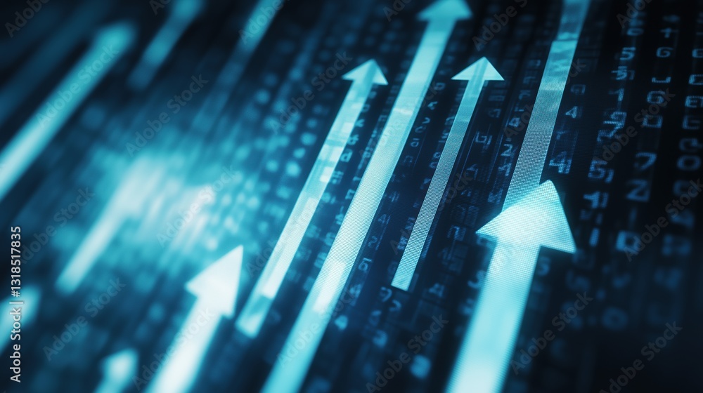 Close-up Ascending Arrows on Digital Matrix Screen Background, Progress, Finance, Technology, Growth Concept. Close-up Ascending Arrows on Digital Matrix Screen Background, Progress, Finance, Technology, Growth Concept.