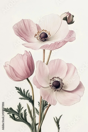 A delicate anemone, its petals painted in soft pinks and whites, is set against the white background of a vintage botanical illustration.