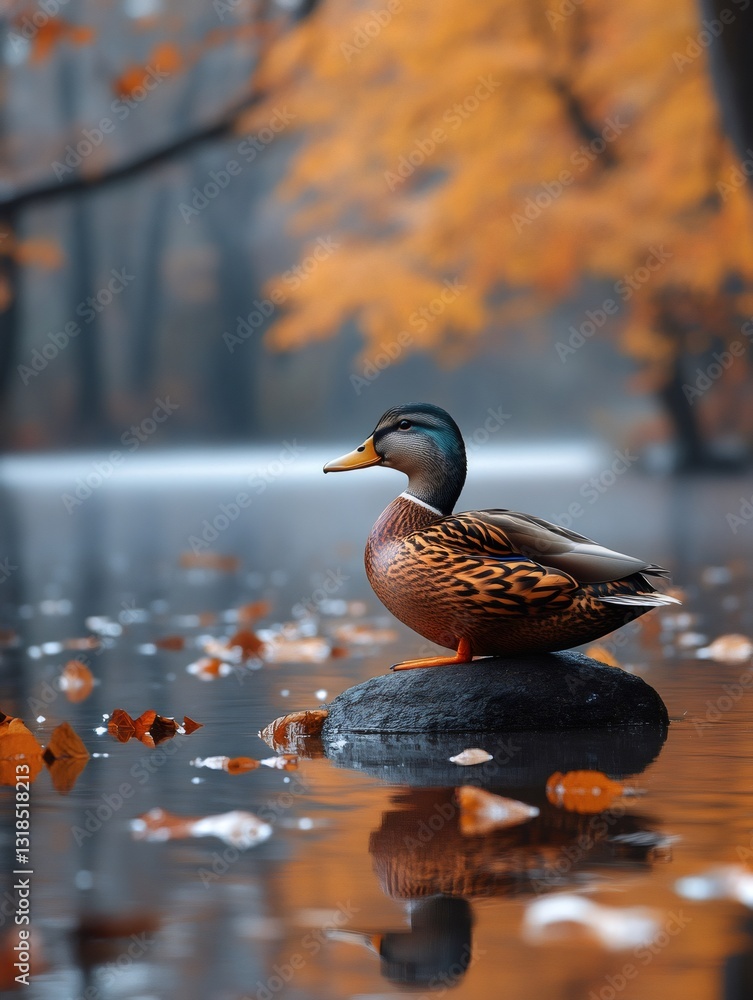 Fototapeta premium Mallard duck perching on rock in autumn pond