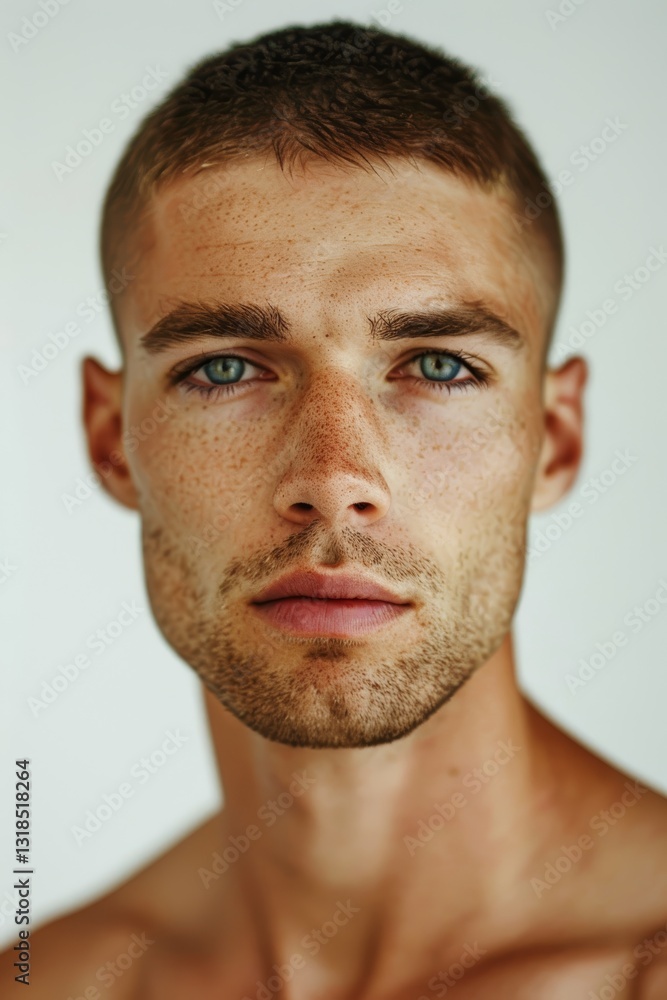 Obraz premium Portrait of a handsome man with harmonious features and nice face shape against a white background