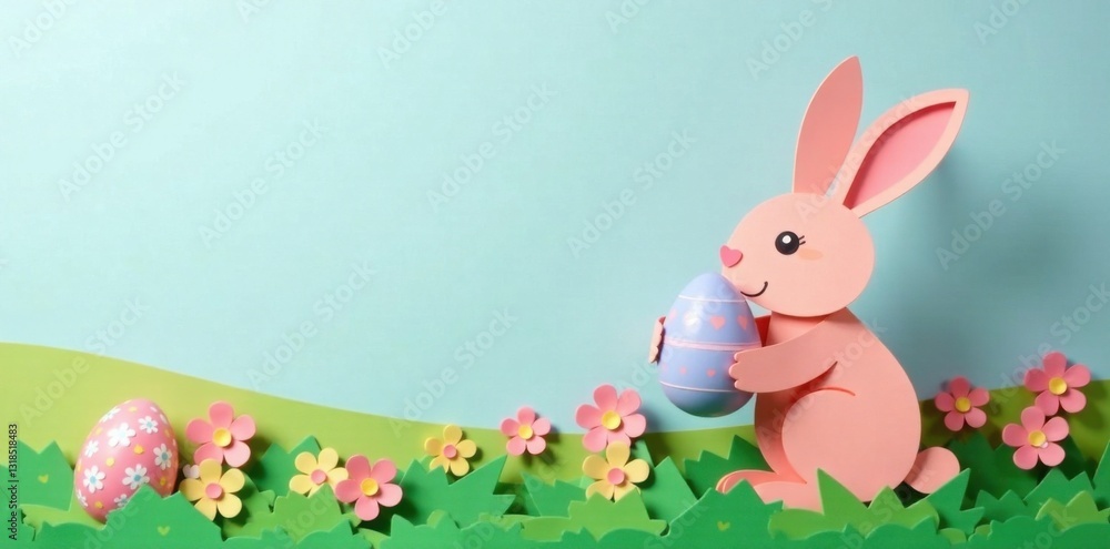 Fototapeta premium Paper cut rabbit holding an Easter egg, spring, easter egg, colorful