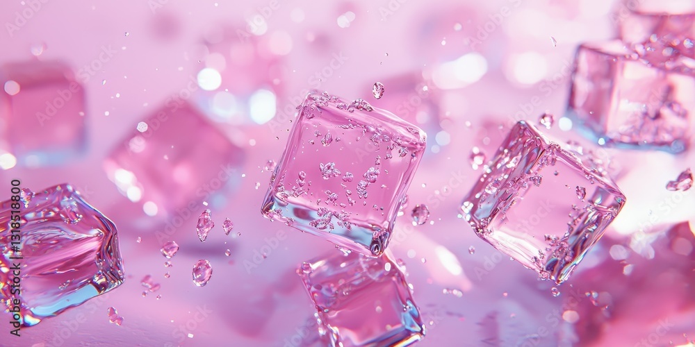 Aesthetic ice cubes levitating on a pastel powder pink background Aesthetic ice cubes levitating on a pastel powder pink background