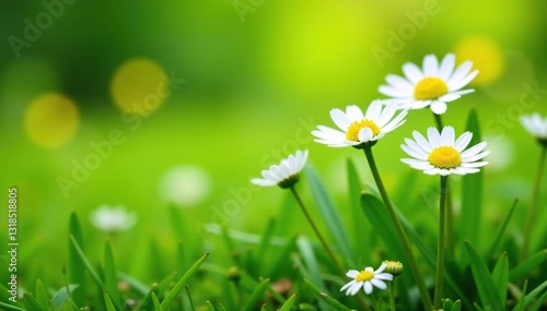 Small white chamomile daisies in a lush green meadow, wildflowers, spring