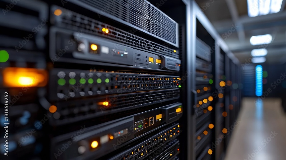 Illuminated server racks in a data center, network equipment. Illuminated server racks in a data center, network equipment.