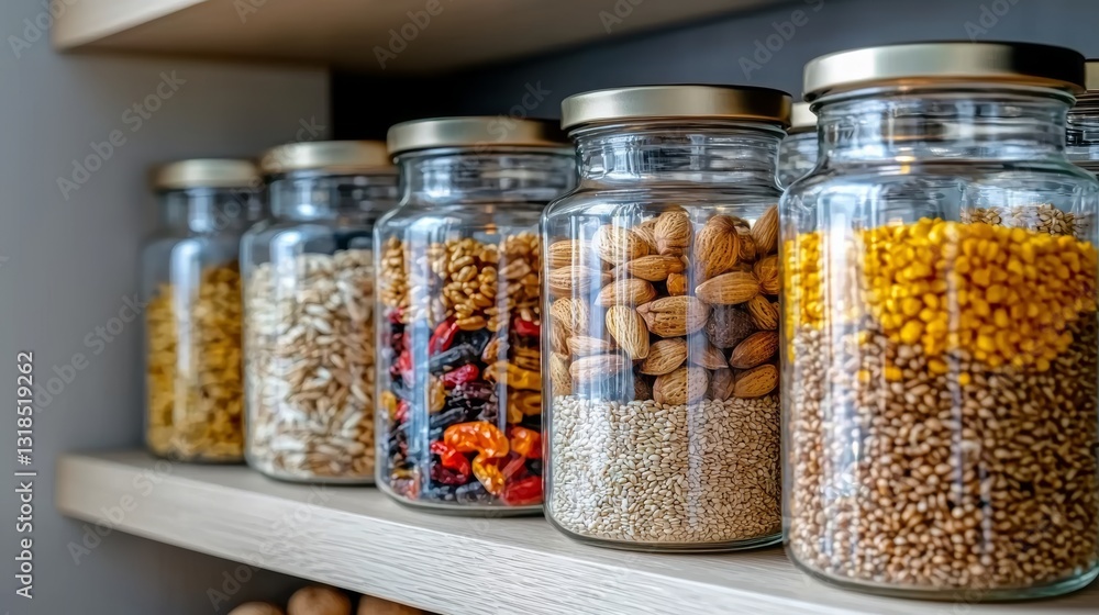 Pantry Jars of Seeds, Nuts, and Grains Displayed on a Shelf Pantry Jars of Seeds, Nuts, and Grains Displayed on a Shelf