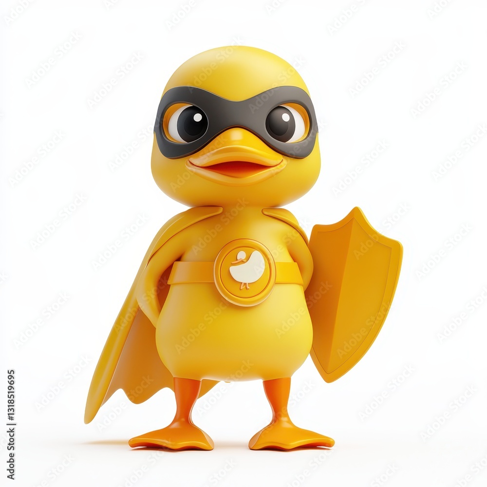 Obraz premium Small Duck Superhero with a Beak Mask and a Tiny Shield, isolated on clear white background