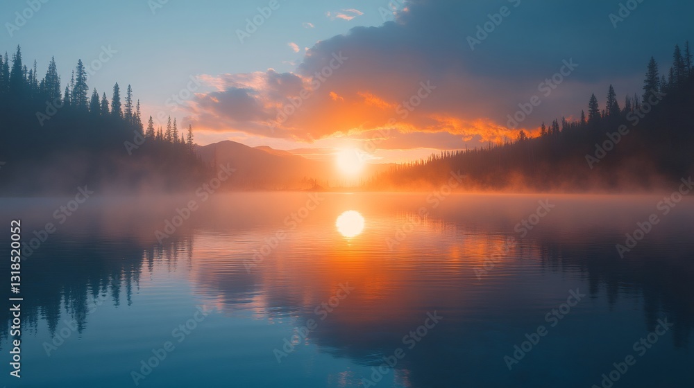Fog covering lake at sunset reflecting in calm water with mountains and trees Fog covering lake at sunset reflecting in calm water with mountains and trees