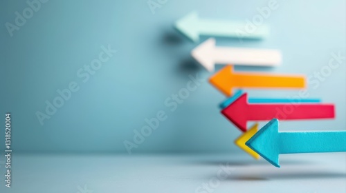 Colorful arrows pointing in different directions on a blue wall