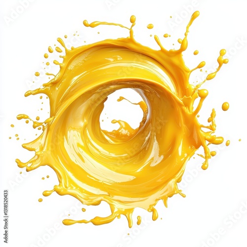 Bright yellow chocolate splash forming an abstract spiral shape, glossy texture, isolated on a bright white background