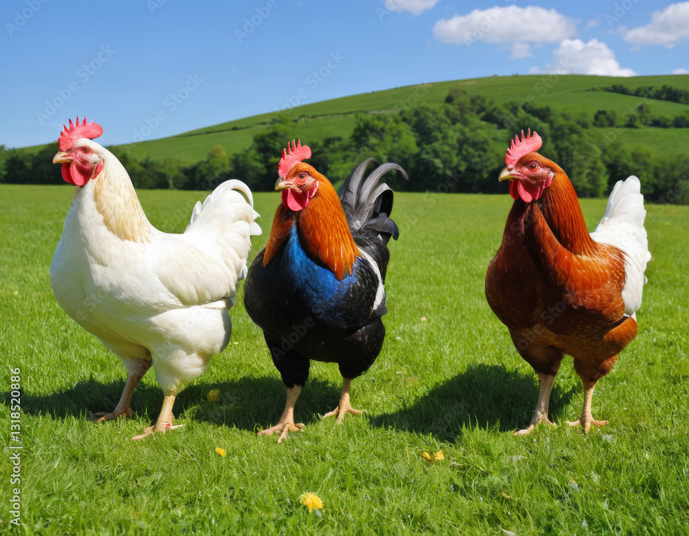 Fototapeta premium Three colorful chickens roaming freely on a lush green field under a bright blue sky, representing free-range farming and rural life