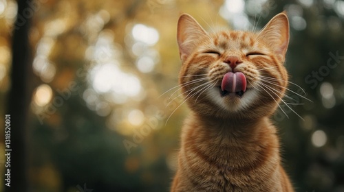 Playful Ginger Cat Licking Lips in Natural Outdoor Setting