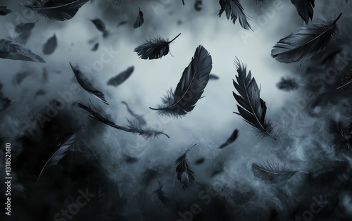 Floating black raven feathers on a misty gothic night background