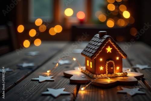 Sparkling fairy lights illuminate a star-patterned wooden table with a gingerbread centerpiece, Fairy Lights, Centerpiece, Decoration