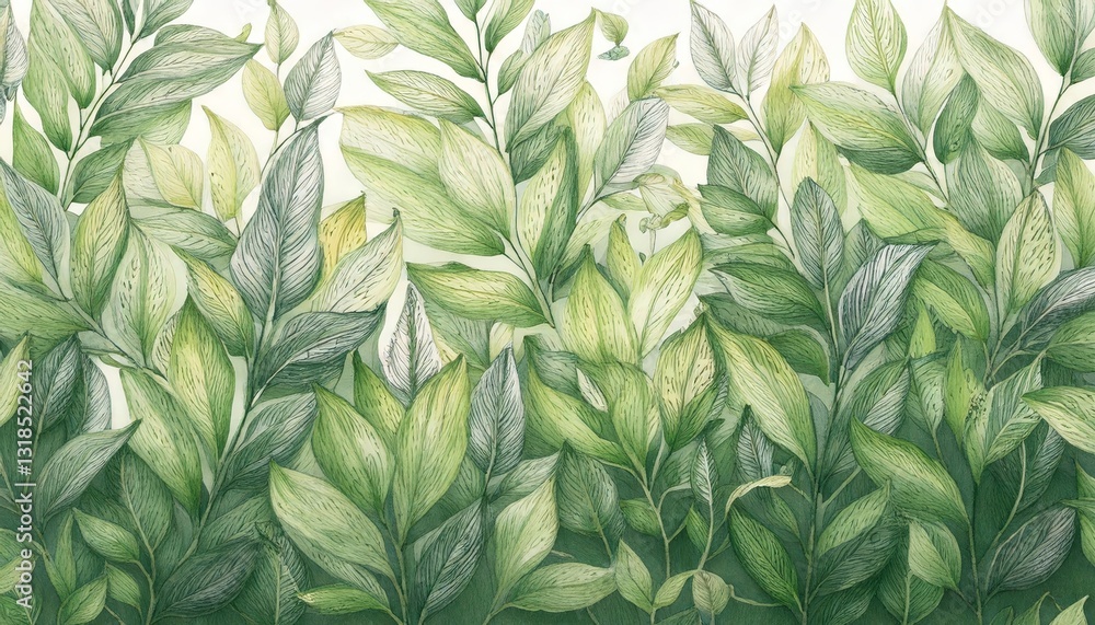 Fototapeta premium Green plant and leafs pattern, hand drawn natural illustration, Simple organic plant