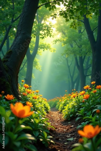 Visos amarillos y flores de naranja en el bosque, colorido, fresco, visos amarillo