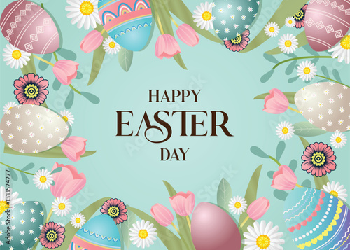 Easter poster and banner template with Easter eggs in the nest on light green background.Greetings and presents for Easter Day in flat lay styling.Promotion and shopping template for Easter