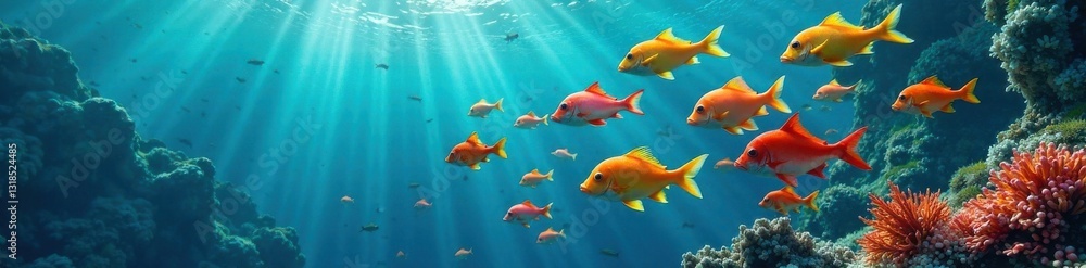 Fototapeta premium School of colorful fish swimming together in the ocean, blue water, sea life