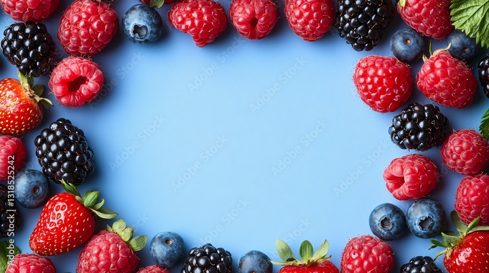 A vibrant assortment of fresh berries arranged on a blue surface A vibrant assortment of fresh berries arranged on a blue surface