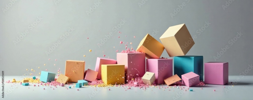 Fototapeta premium Shattered cube boxes scattered on a plain grey surface, background, blocks, cube