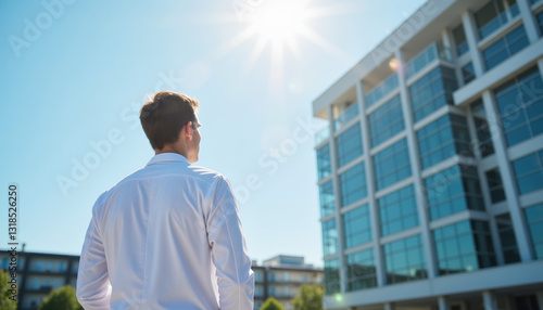 Wallpaper Mural Contemplative male in white shirt facing modern hospital, hope and progress Torontodigital.ca