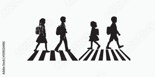 Print  Boy and girl on crosswalk going to school silhouette  isolated on white background