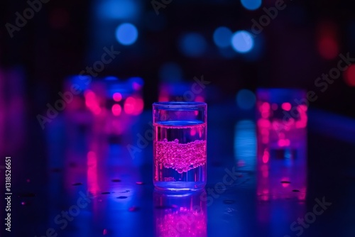 Vibrant Neon Water Drops in Glass with Colorful Bokeh Background