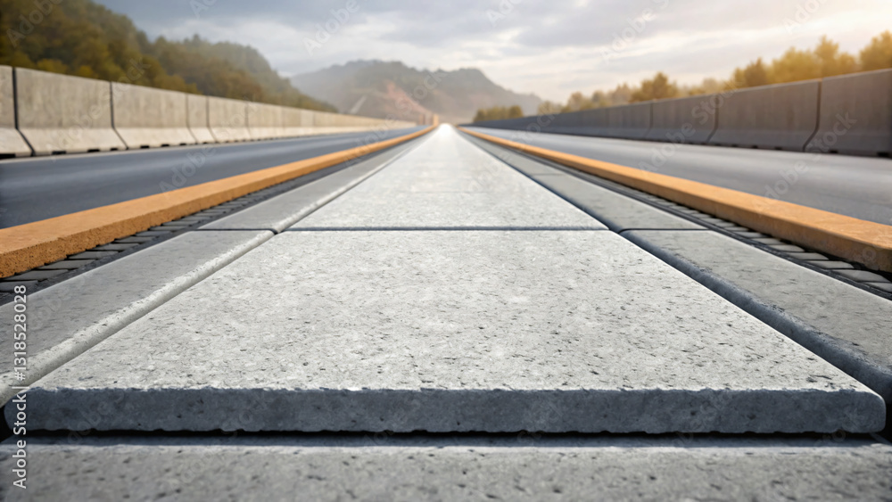 Fototapeta premium Close-Up View of a Modern Highway Pavement with Concrete Slabs and Road Markings