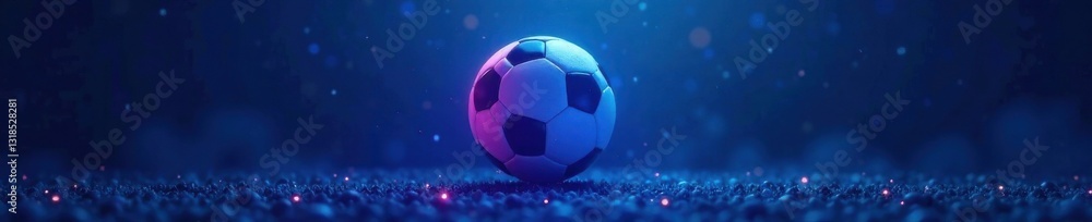 Naklejka premium Glowing neon soccer ball suspended in mid-air over blue background, neon, ball, glowing