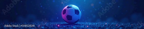Glowing neon soccer ball suspended in mid-air over blue background, neon, ball, glowing