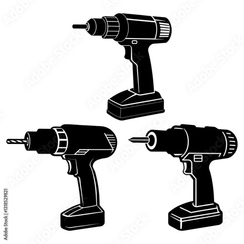 Hand Drawn Drill Machine Black Silhouette Collection Vector Design