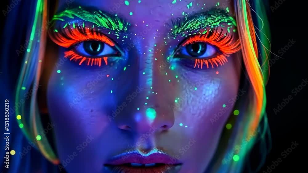 Mesmerizing neon makeup transformation with uv glow and vibrant colors Mesmerizing neon makeup transformation with uv glow and vibrant colors
