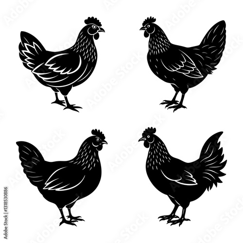 Hand Drawn Hen Black Silhouette Collection Vector Design 