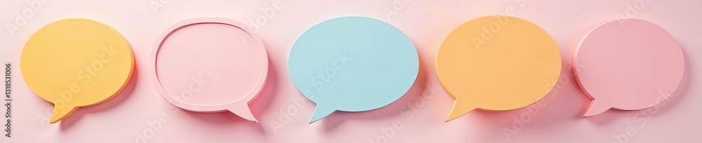 Close-up of speech bubble frames with different shapes and sizes over pastel background, colorful, design Close-up of speech bubble frames with different shapes and sizes over pastel background, colorful, design
