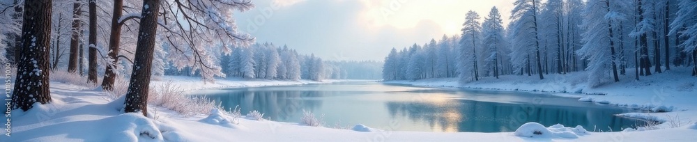 Snowy forest landscape with bare trees and frozen lake, forest, frozen, frost Snowy forest landscape with bare trees and frozen lake, forest, frozen, frost