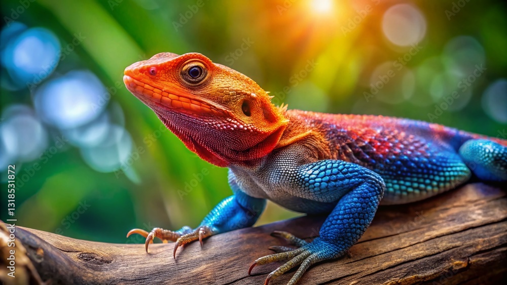 Red Headed Agama Lizard Bokeh Background - Stock Photo Red Headed Agama Lizard Bokeh Background - Stock Photo