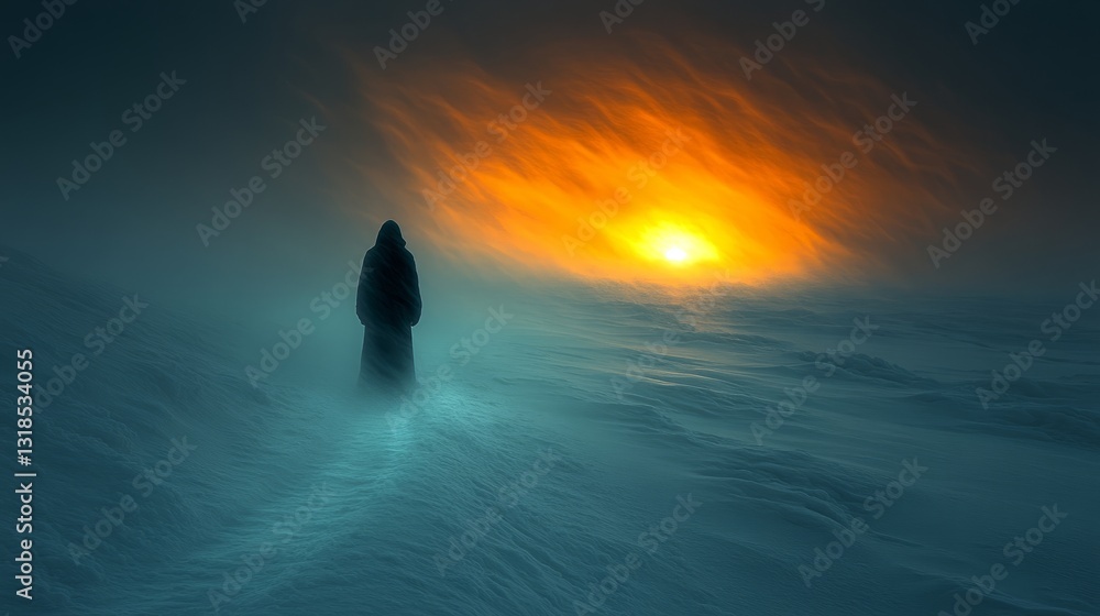 Fototapeta premium A shrouded figure strides through a blizzard, drawn to the vibrant glow of the setting sun