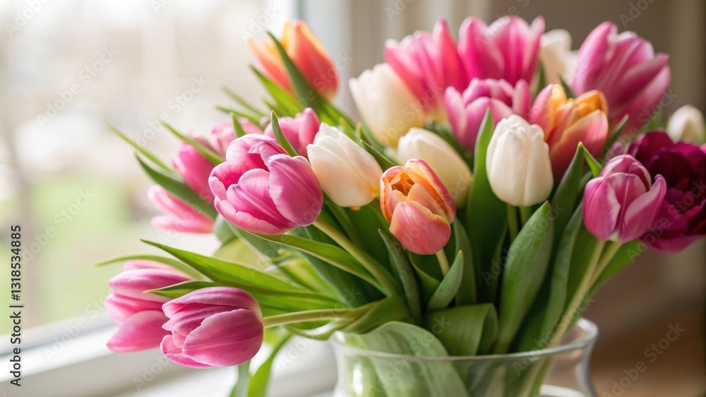 Fototapeta premium A vibrant bouquet of pink, white, and orange tulips in a clear glass vase, arranged against a soft, out-of-focus backdrop.