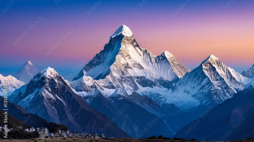 Obraz premium Breathtaking panoramic view of ama dablam summit and snow capped peaks after sunset in nepal